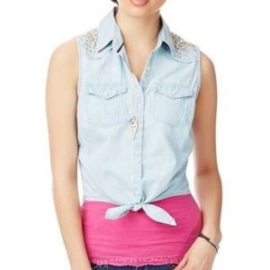 RED TULIPS Bleached Bedazzled Denim Cut Off Top M